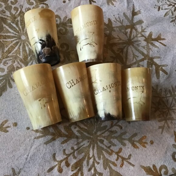 Lot of 6 Vintage Chamonix Horn Cups / Glasses- Unique Collectible Horn Cups